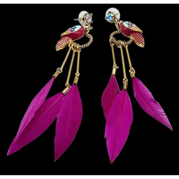 Parrot Statement Earrings Hot Pink Feathers Bird Gold-Tone Dangle Betsey Johnson - Picture 6 of 8